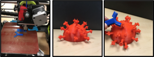 Three images show the 3D printing process. First, a 3D printer is printing a blue antibody molecule. Second, a red influenza virus model is shown. It is covered with spikes that represent viral epitopes. Third, the completed antibody molecule is shown binding to one of the viral epitopes.